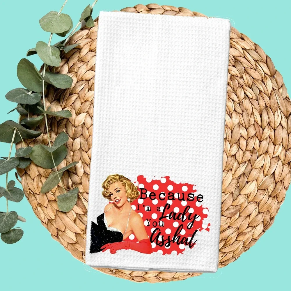 Retro Pinup Waffle Weave Kitchen Towel Because I'm a Lady You Asshat White Red